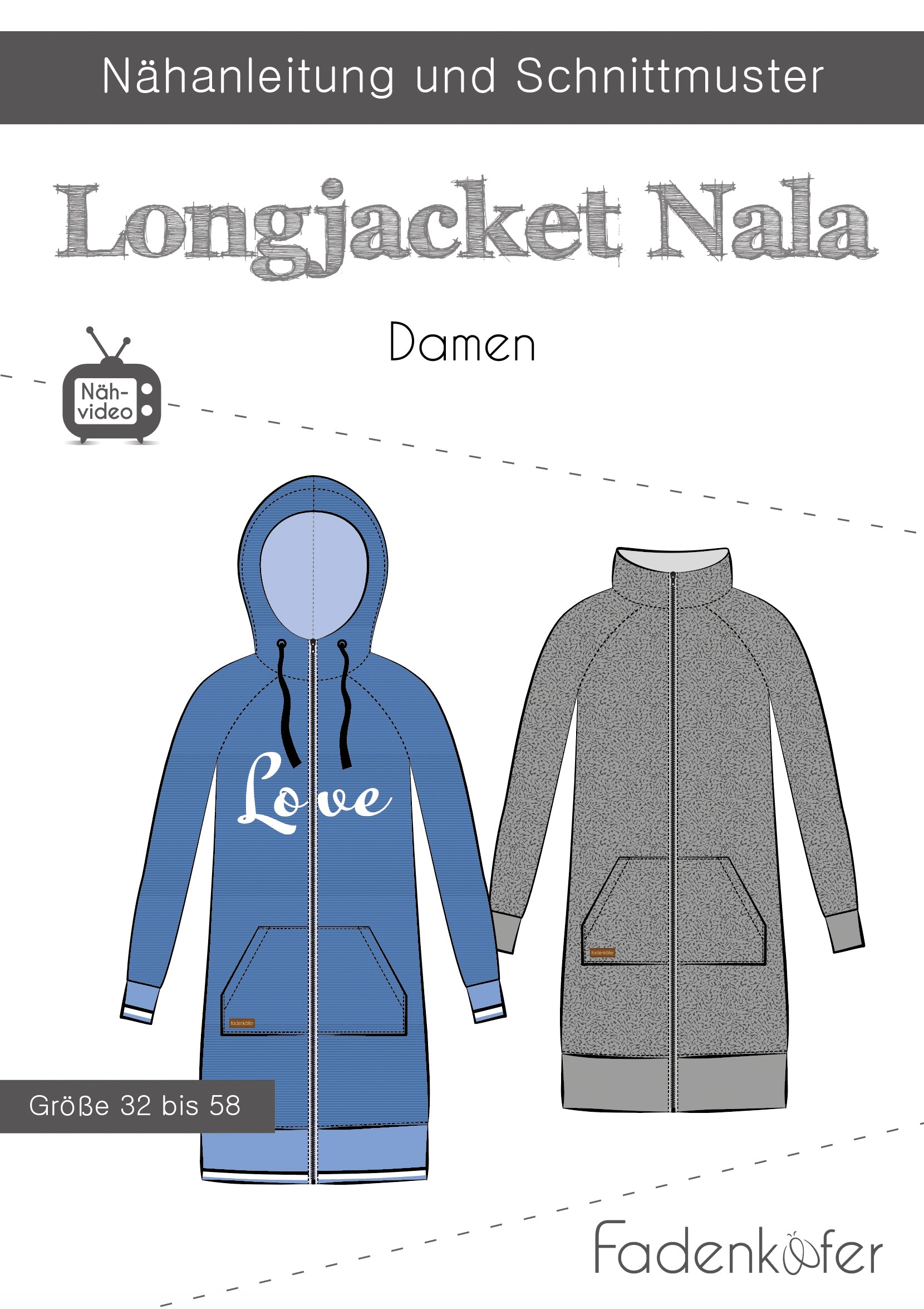 Papierschnittmuster Longjacket Nala Damen von Fadenkäfer  Mehrgrössenschnittmuster Damen: Grösse 32-58  Mit dem Longjacket Nala bist du bestens für die Übergangszeit gerüstet. Die hübsche Jacke wird aus Sweatstoffen mit Beleg genäht und ist dadurch kusche