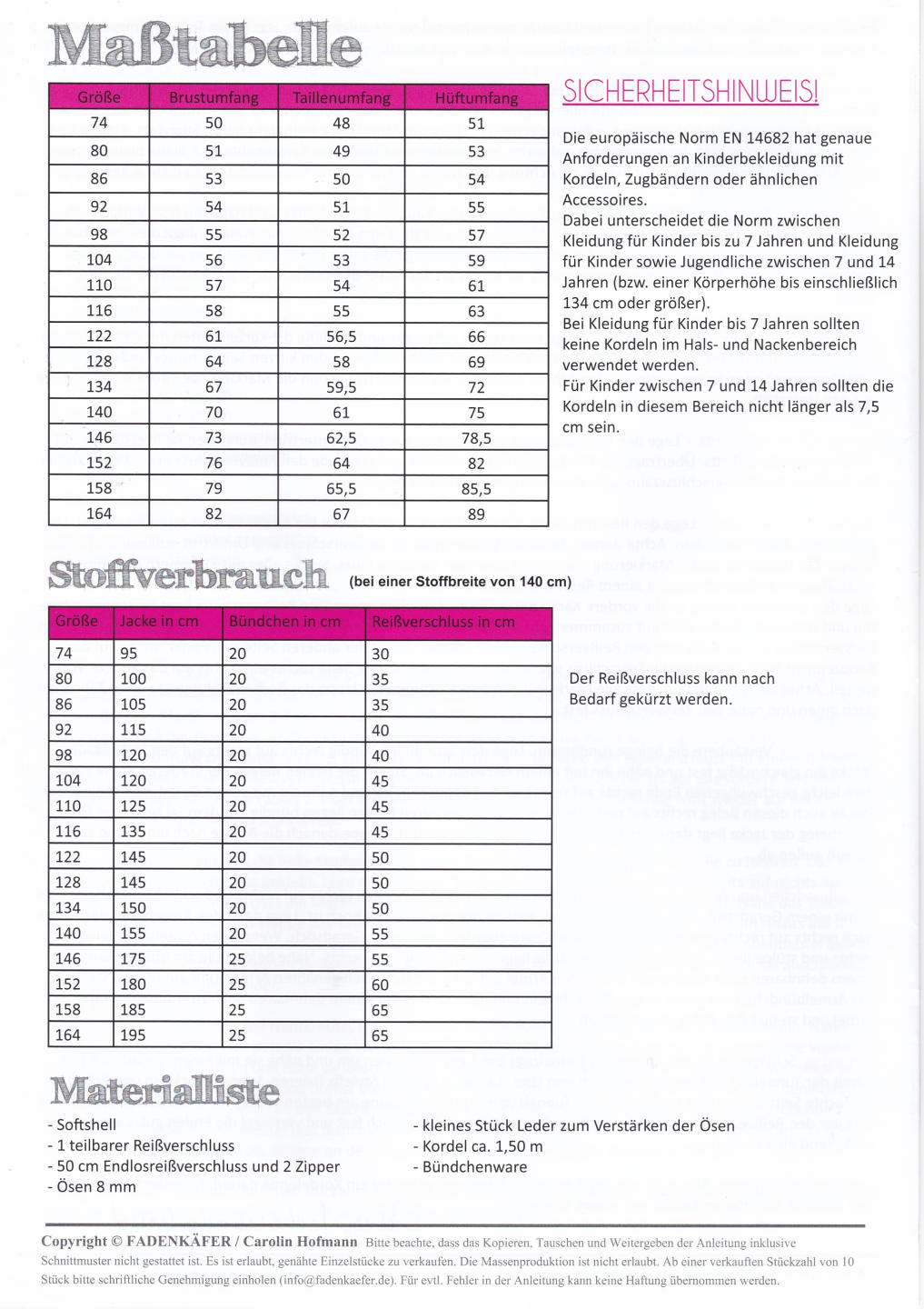 Papierschnittmuster Softshelljacke Kinder von Fadenkäfer