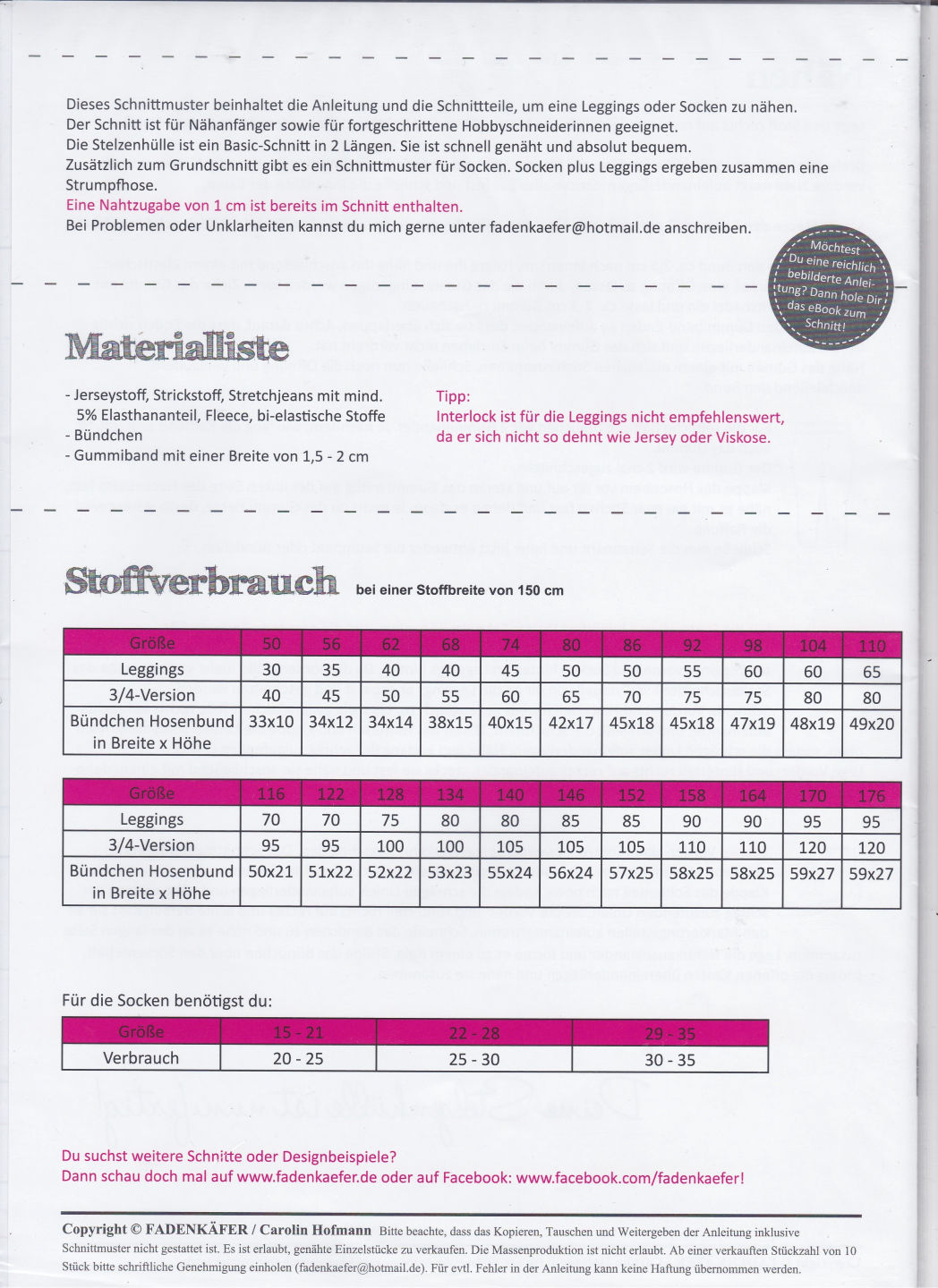 Papierschnittmuster Stelzenhülle Leggings/Socken Kinder von Fadenkäfer