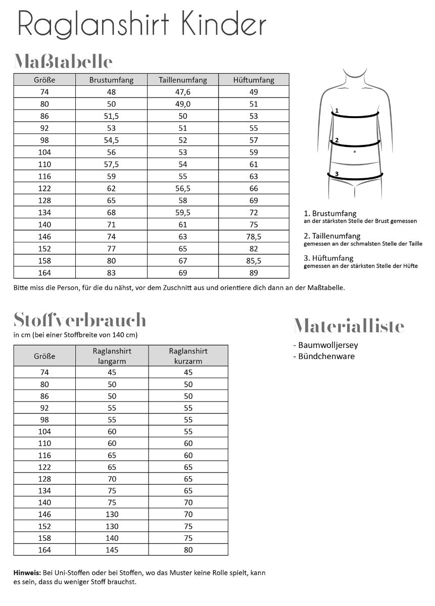 Papierschnittmuster Raglanshirt Kinder von Fadenkäfer