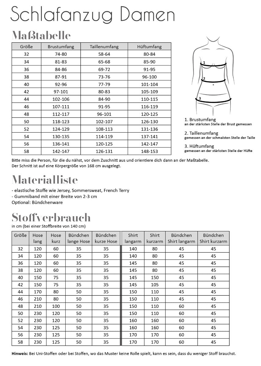 Papierschnittmuster Schlafanzug Damen von Fadenkäfer