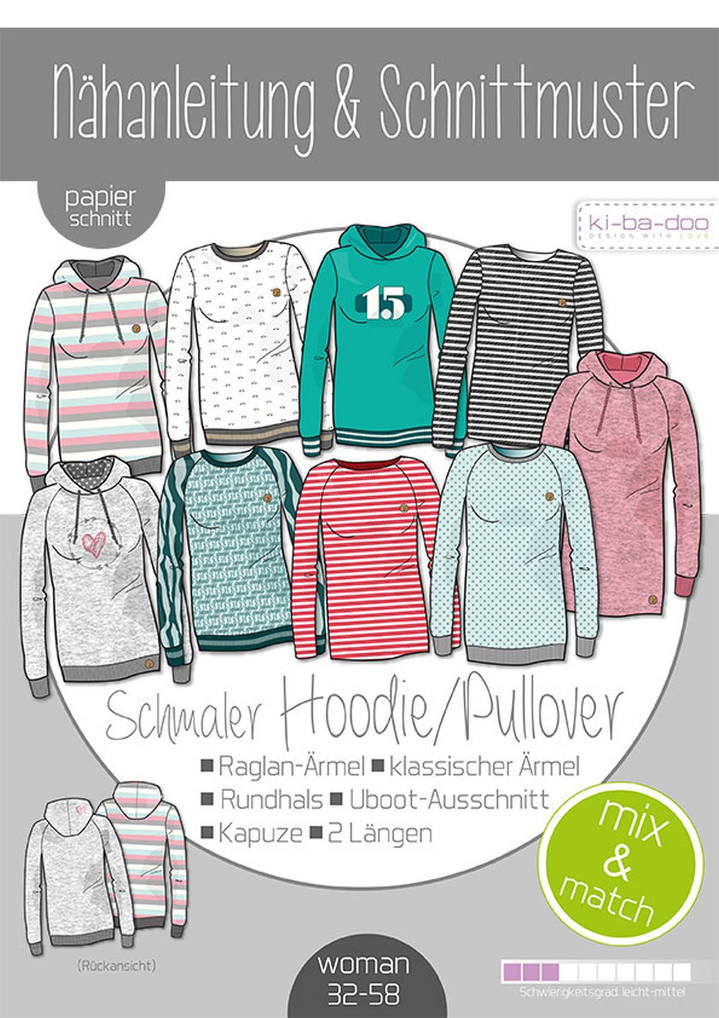 schmaler Hoodie/Pullover Mix&Match, Damen, Ki-ba-doo Papierschnittmuster