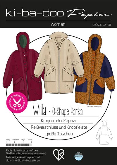 Willa O-Shape Parka Damen, Ki-ba-doo Papierschnittmuster