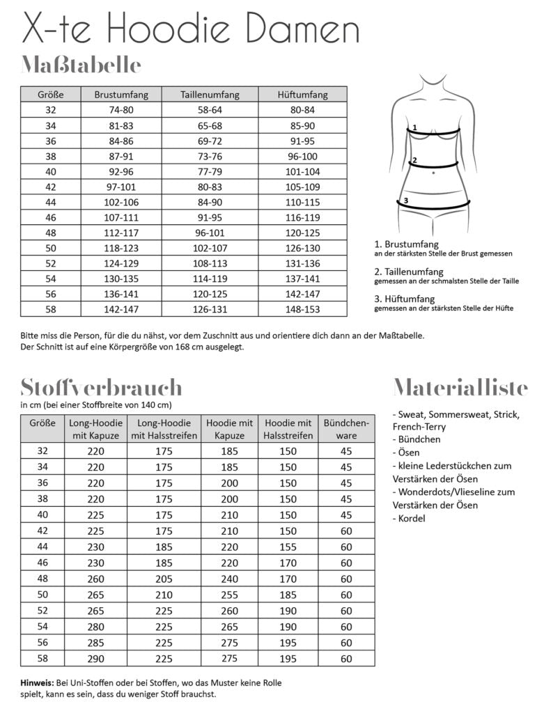 Papierschnittmuster X-te Hoodie Damen von Fadenkäfer